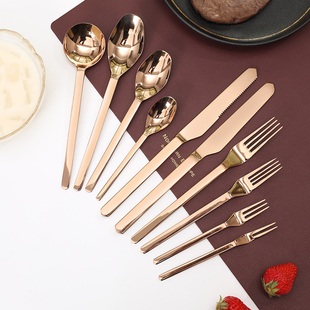 北欧玫瑰金304不锈钢西餐刀叉勺三件套牛排餐具套装甜品叉子汤勺