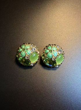 开花的橄榄 Vintage古着 Lime Bloom绿色花朵圆圈耳钉 耳环 耳饰