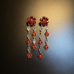 橄榄 流苏花朵耳环 Vintage古着 Drop红色长款 耳饰 Crystal 开花