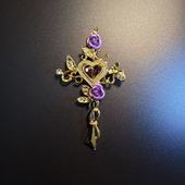 开花 Rose紫色十字架爱心胸针 Purple 橄榄 Vintage古着