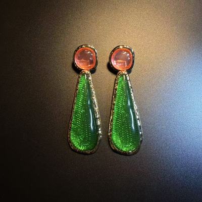 开花的橄榄 Vintage古着 Color Duo绿色长款耳钉 耳环 耳饰