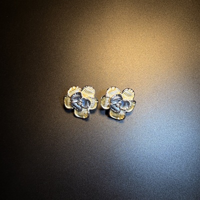 开花的橄榄 Vintage古着 Gold Noir蓝色珐琅花朵耳钉 耳环 耳饰