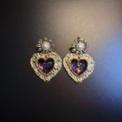 开花的橄榄 Vintage古着 Heart Gleam紫色爱心耳钉 耳环 耳饰