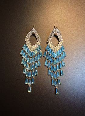 开花的橄榄Vintage古着 Azure Tassels蓝色长款流苏锆石耳环 耳饰