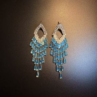 开花的橄榄Vintage古着 Azure Tassels蓝色长款流苏锆石耳环 耳饰