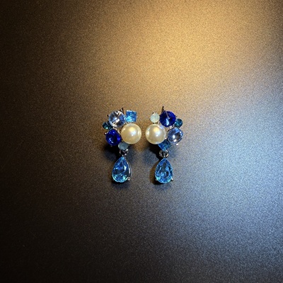 开花的橄榄Vintage古着 Cobalt Bloom蓝色锆石流苏耳钉 耳环 耳饰