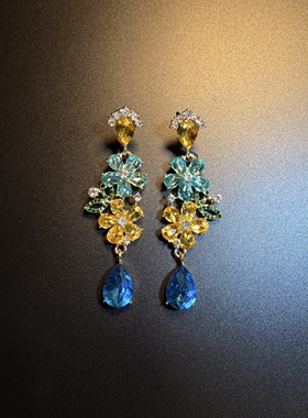 开花的橄榄Vintage古着 Sunflower Drop蓝色长款流苏花朵耳环耳饰