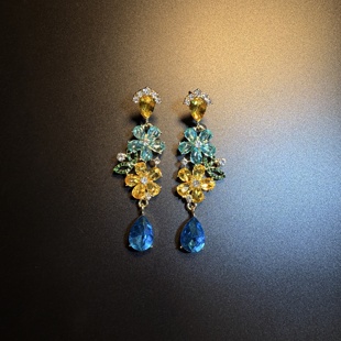 开花的橄榄Vintage古着 Sunflower Drop蓝色长款流苏花朵耳环耳饰