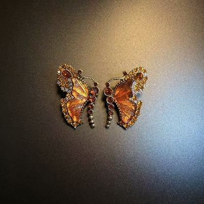开花的橄榄 Vintage古着 Bronze Spark棕色蝴蝶耳钉 耳环 耳饰