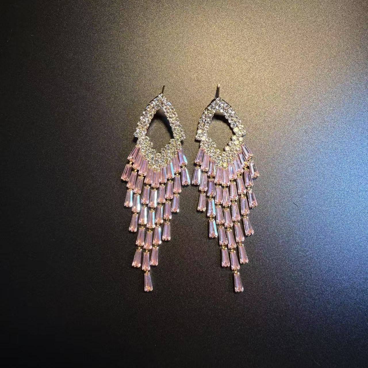 开花的橄榄 Vintage古着 Chic Pink Tassels粉色流苏耳环 耳饰