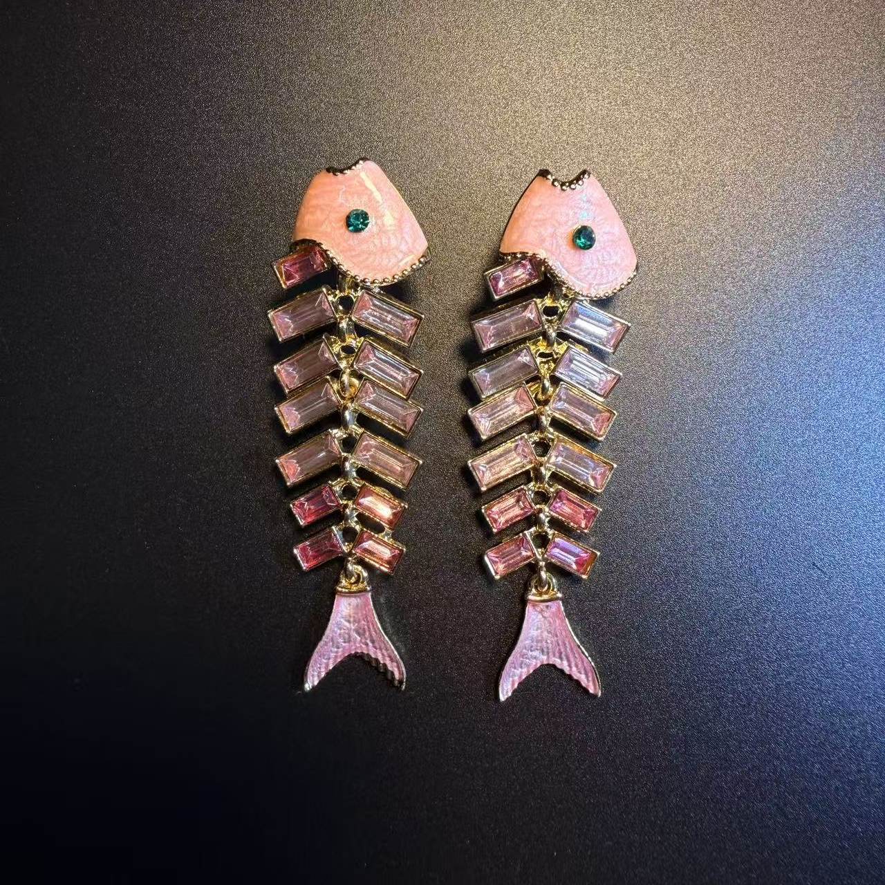 thumbnail for Flowering Olive Vintage Vintage Crystal Fish Pink Fish Bone Stud Earrings Earrings