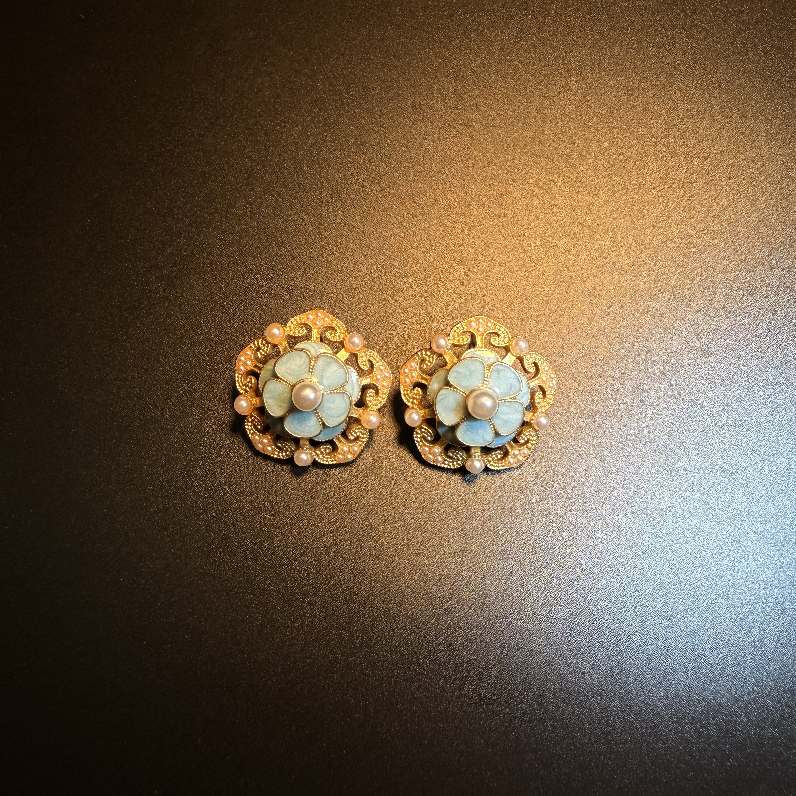 开花的橄榄 Vintage古着 Blue Floral蓝色珍珠花朵耳钉 耳环 耳饰