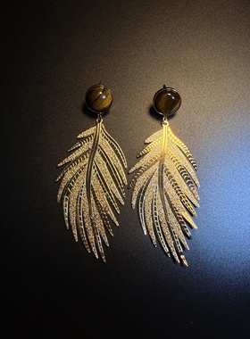开花的橄榄 Vintage古着 Golden Plume金色树叶耳钉 耳环 耳饰