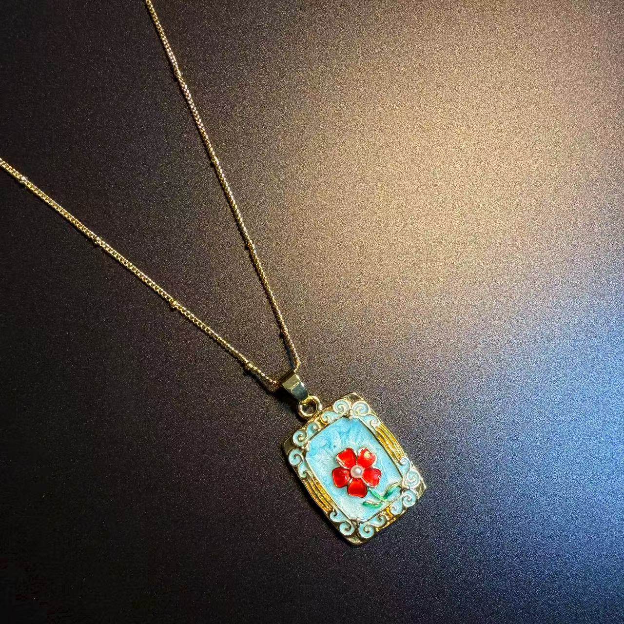 开花的橄榄 Vintage古着 Blue Canvas蓝色花朵项链 锁骨链