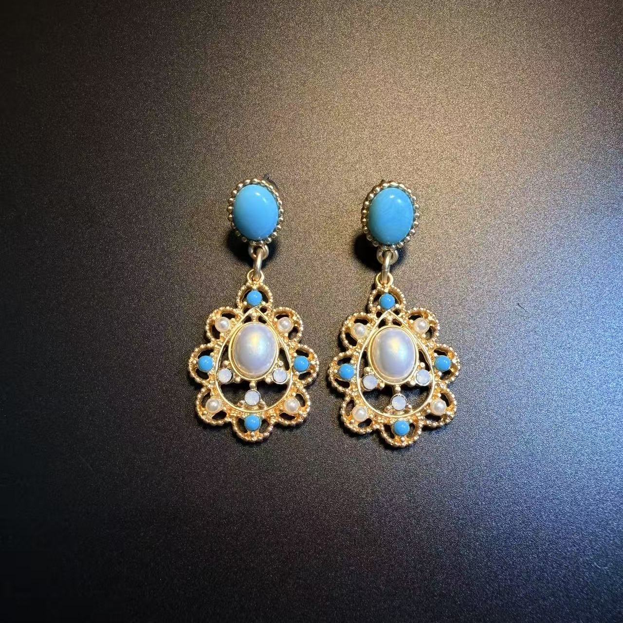 开花的橄榄 Vintage古着 Pearl Dangles蓝色耳钉 耳环 耳饰