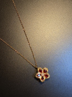开花的橄榄 Vintage古着 Red Sprig红色花朵可旋转项链 锁骨链