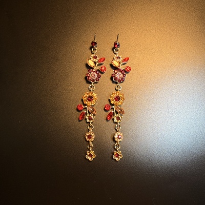 开花的橄榄 Vintage古着 Chic Tassel红色长款流苏耳钉 耳环 耳饰