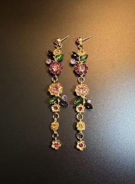 开花的橄榄 Vintage古着 Flowers长款紫色流苏花朵耳钉 耳环 耳饰