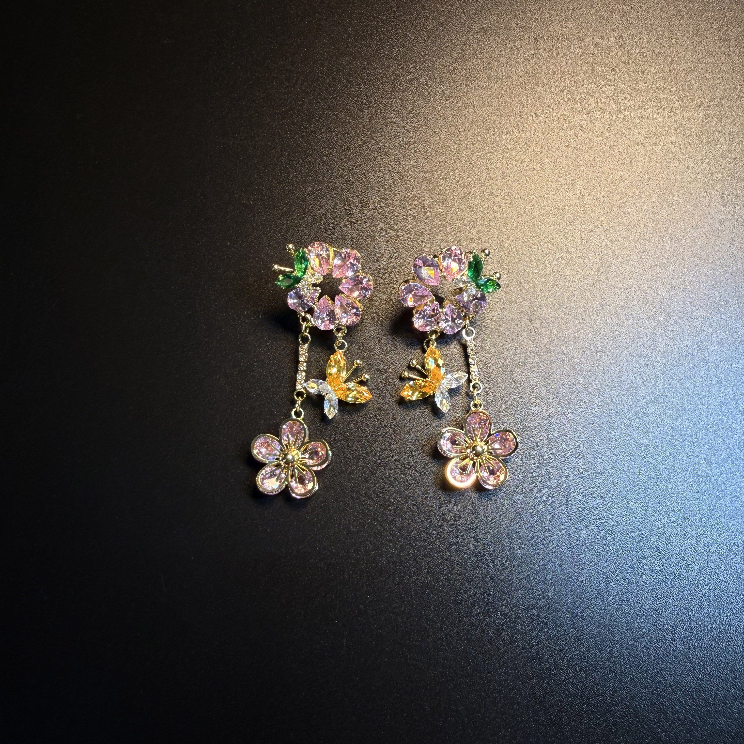开花的橄榄 Vintage古着 Dewy Flora镂空彩宝蝴蝶耳钉 耳环 耳饰
