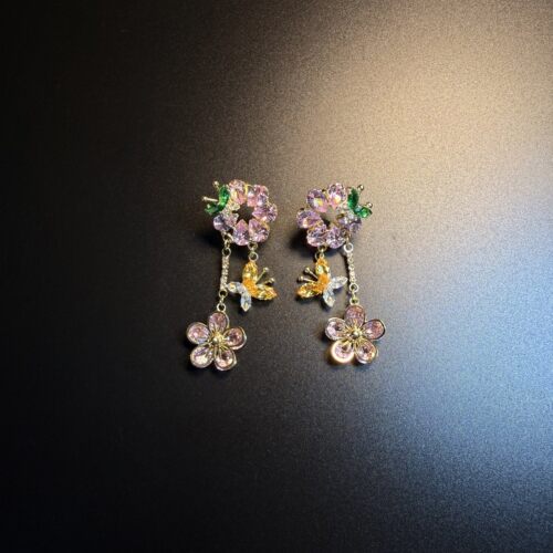 开花的橄榄 Vintage古着 Dewy Flora镂空彩宝蝴蝶耳钉 耳环 耳饰