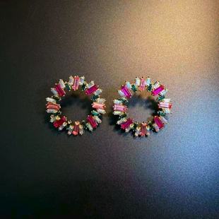 橄榄 耳环 Vintage古着 Circles粉色花环耳钉 耳饰 Crystal 开花