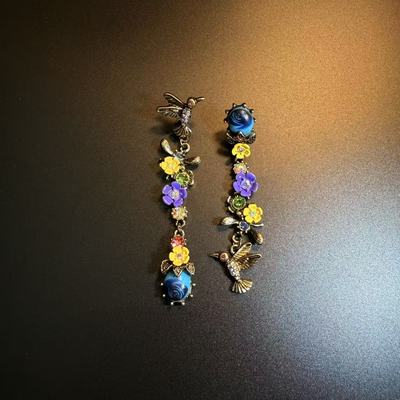 开花的橄榄Vintage古着 Bird Floral Drops紫色长款流苏耳环 耳饰