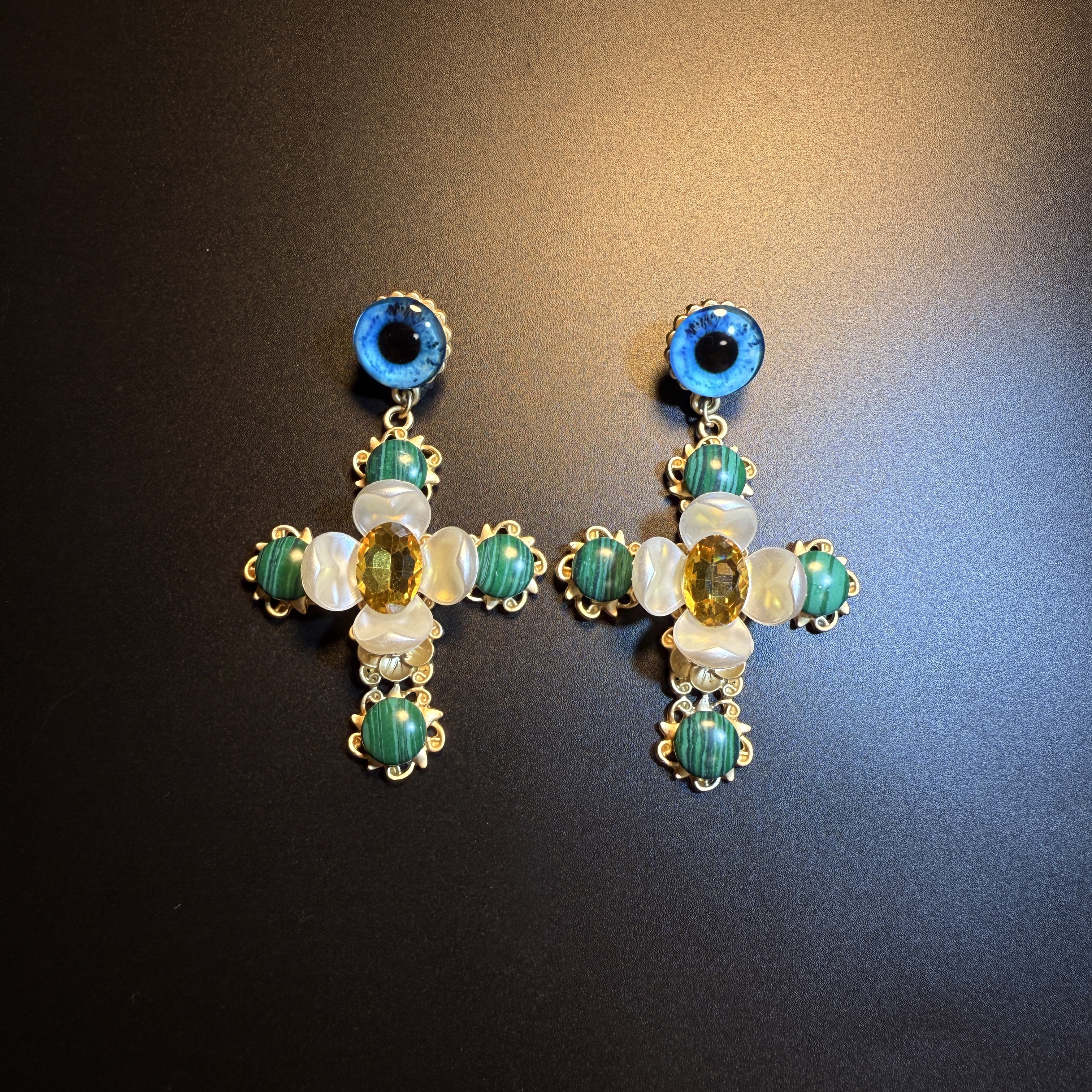 开花的橄榄 Vintage古着 Chic Eye蓝色十字架花朵耳钉 耳环 耳饰