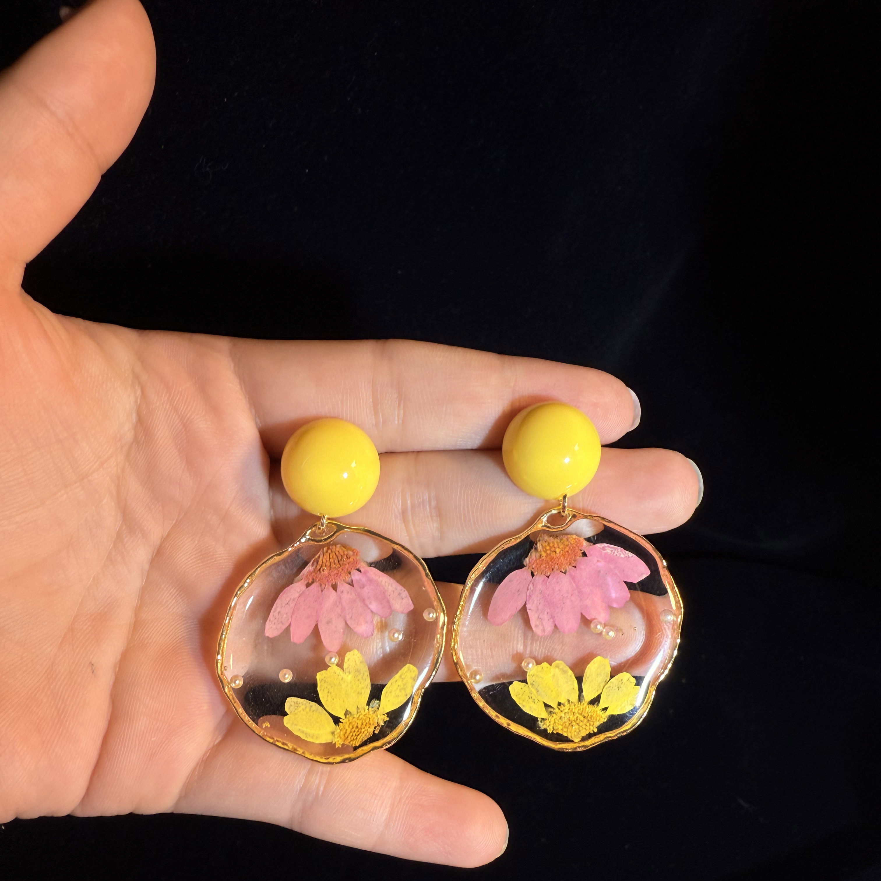 开花的橄榄 Vintage古着 Spring Glow黄色干花滴釉耳钉 耳环 耳饰