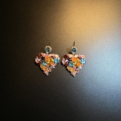开花的橄榄 Vintage古着 Crystal Flare彩色爱心锆石耳钉耳环耳饰