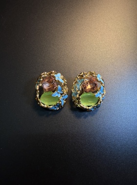 开花的橄榄 Vintage古着 Crystal绿色蝴蝶猫眼珐琅耳钉 耳环 耳饰