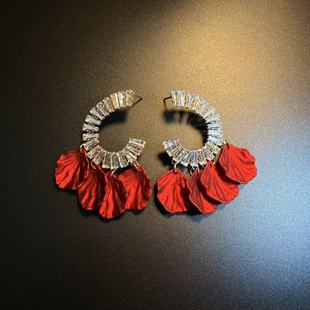 开花的橄榄 Vintage古着 Ruby Blooms红色花朵流苏耳钉 耳环 耳饰