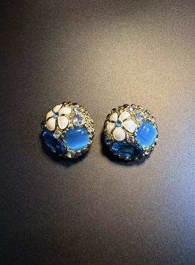 开花的橄榄 Vintage古着 Chic Orbs蓝色花朵耳钉 耳环 耳饰
