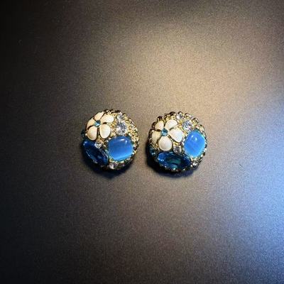 开花的橄榄 Vintage古着 Chic Orbs蓝色花朵耳钉 耳环 耳饰