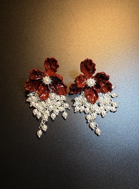 开花的橄榄Vintage古着 Wine Blossom红色花朵流苏耳钉 耳环 耳饰