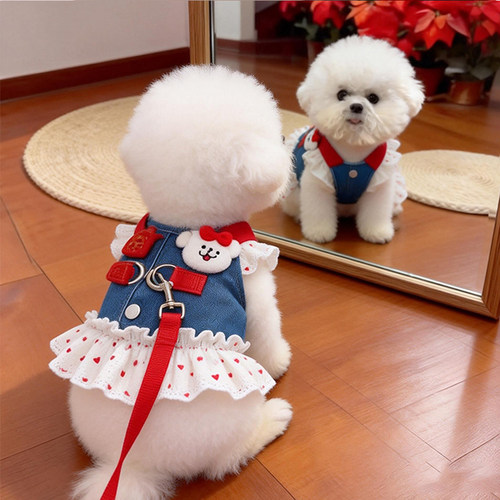 狗狗衣服春夏天薄款牛仔公主裙比熊泰迪雪纳瑞透气可爱胸背牵引裙