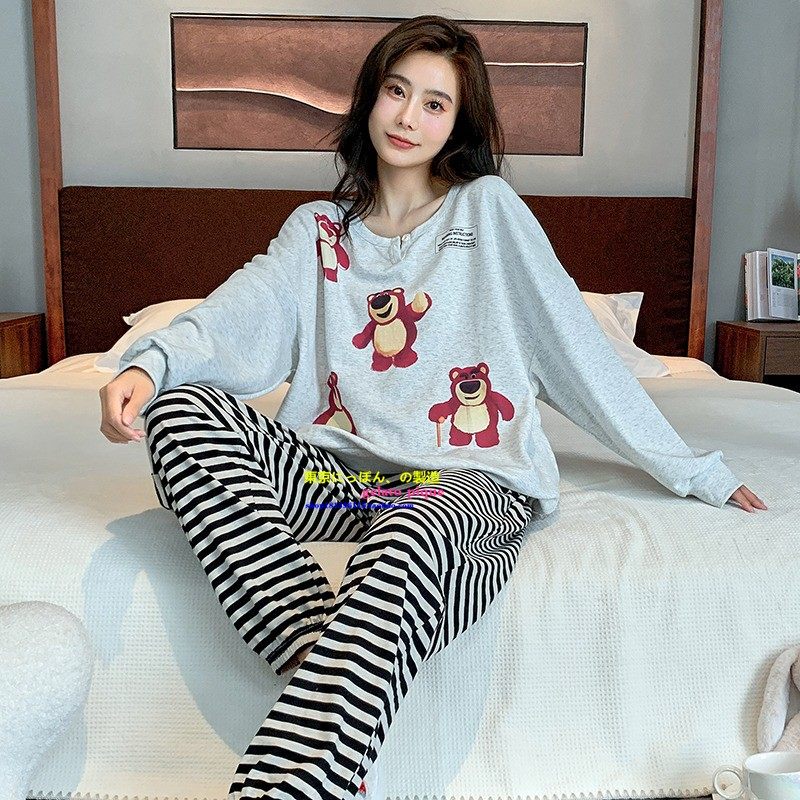 草莓小熊纯棉条纹睡衣套装家居服