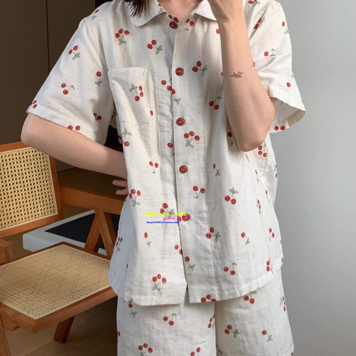 夏季白鹿同款小樱桃印花睡衣女