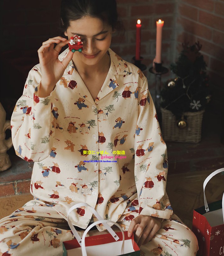 春秋季女纯棉猫咪圣诞兔睡衣套装