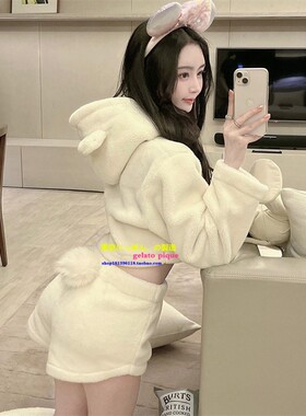 日本GP pique秋冬季软绵绵睡衣女毛绒可爱小熊连帽长袖短裤家居服