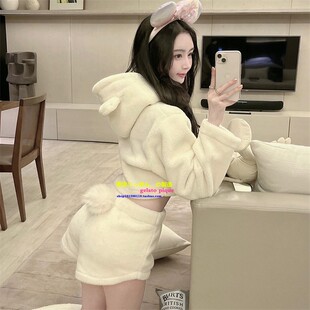 短裤 软绵绵睡衣女毛绒可爱小熊连帽长袖 家居服 pique秋冬季 日本GP