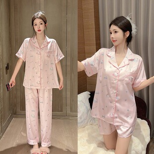 House春夏季真丝睡衣女甜美烫钻凯蒂猫kitty短袖长裤三件套家居服