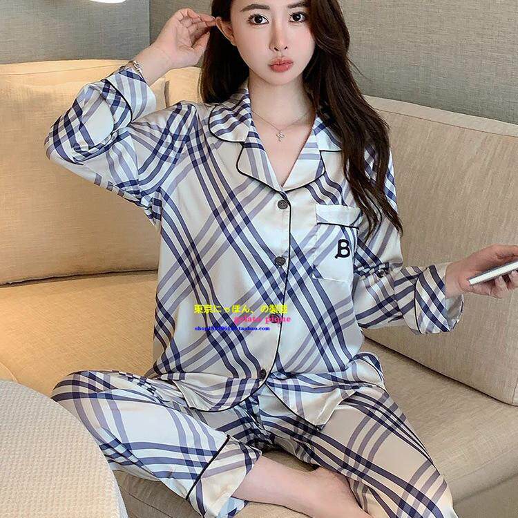 日本GP春秋冬新款真丝睡衣女简约高级感条纹蓝白格子宽松家居服套