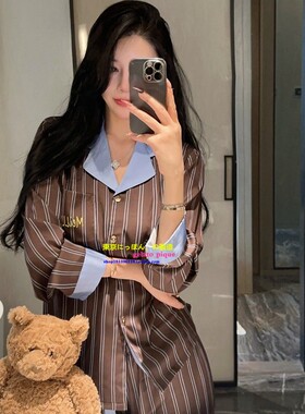日本GP pique春夏新款真丝薄睡衣女高级感撞色条纹长袖家居服套装
