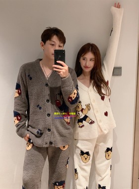日本you gelato pique情侣冬软绵绵睡衣女可爱小熊加厚男家居服GP