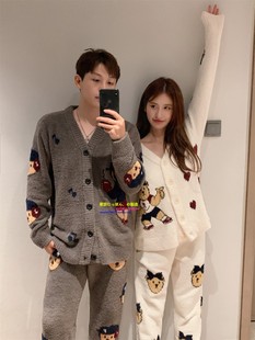 日本you pique情侣冬软绵绵睡衣女可爱小熊加厚男家居服GP gelato