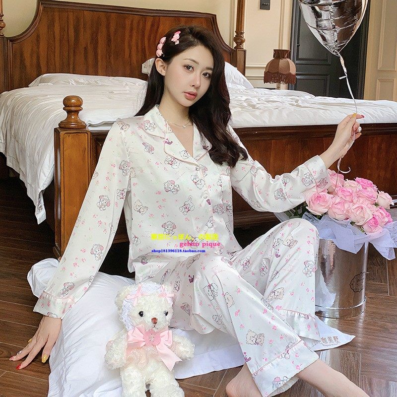 春秋季女真丝猫咪睡衣高级感套装