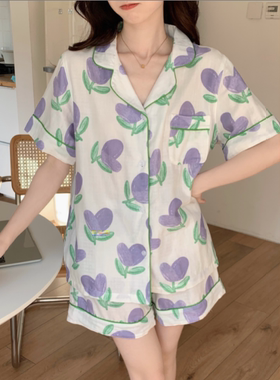 日本GP gelato pique夏季睡衣女紫色郁金香纯棉绸长袖薄家居服ins