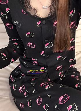 日本GP秋冬新款高级感kt凯蒂猫睡衣女长袖长裤家居服带胸垫可外穿