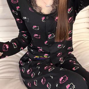 日本GP秋冬新款高级感kt凯蒂猫睡衣女长袖长裤家居服带胸垫可外穿