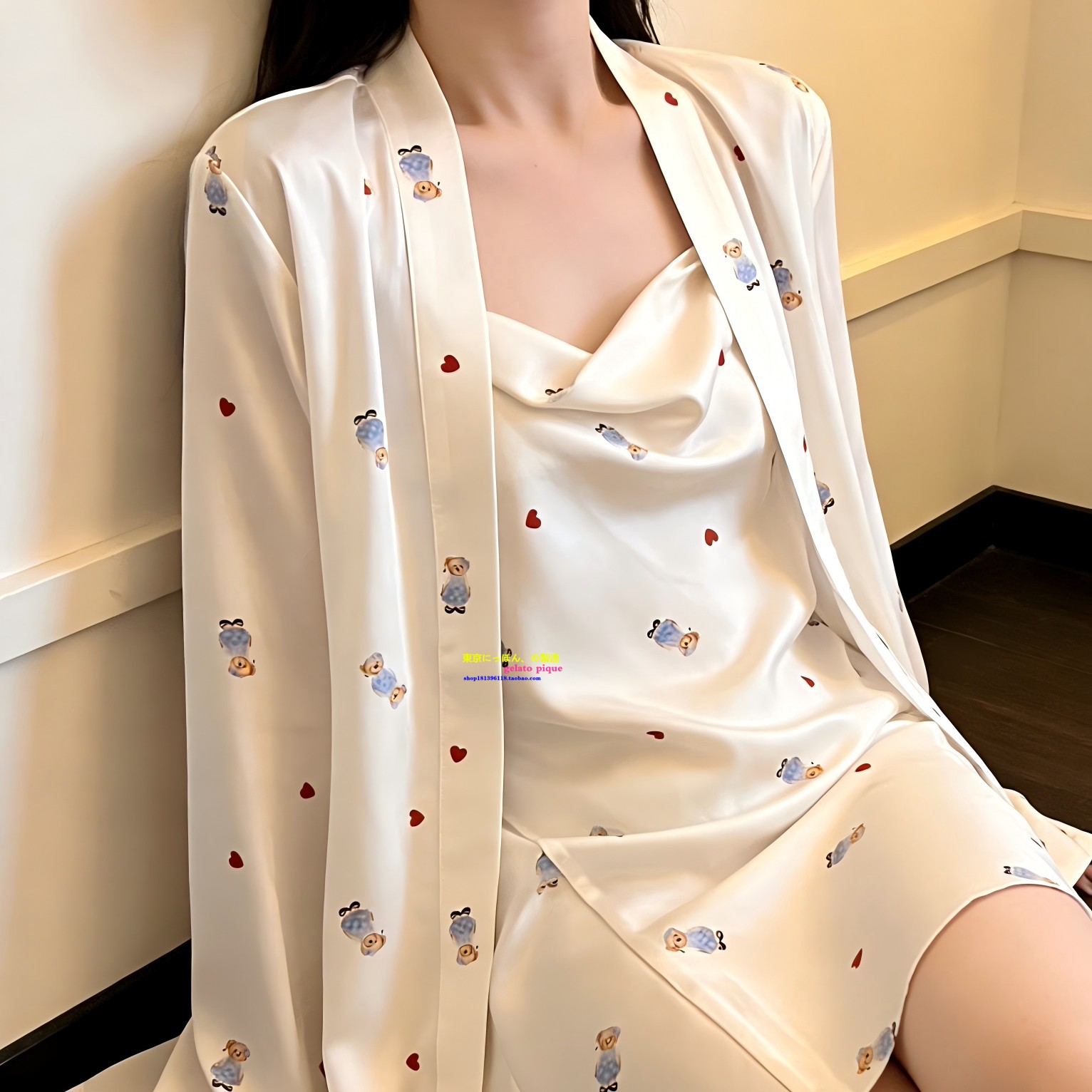 House夏款纯欲风真丝睡裙女浪漫小熊爱心印花吊带家居服套装浴袍